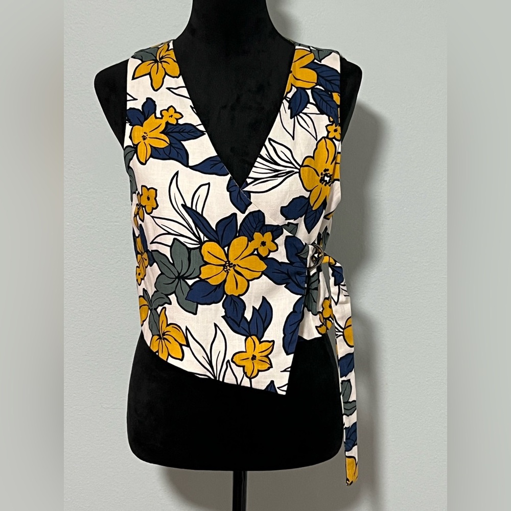 J.O.A. Floral Wrap Top - Yellow and Blue